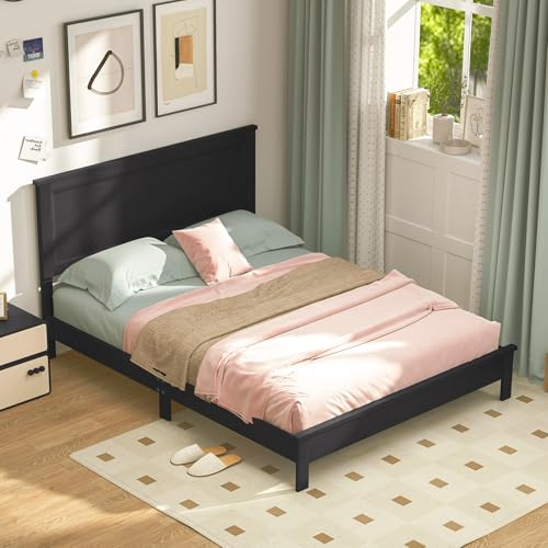 Image of GIANTEX Wood Queen Platform Bed Frame with Headboard, Mid Century Bed Frame with Solid Wood Legs & Wooden Slat Support, Easy Assembly Supports 500 LBS, Black Bed