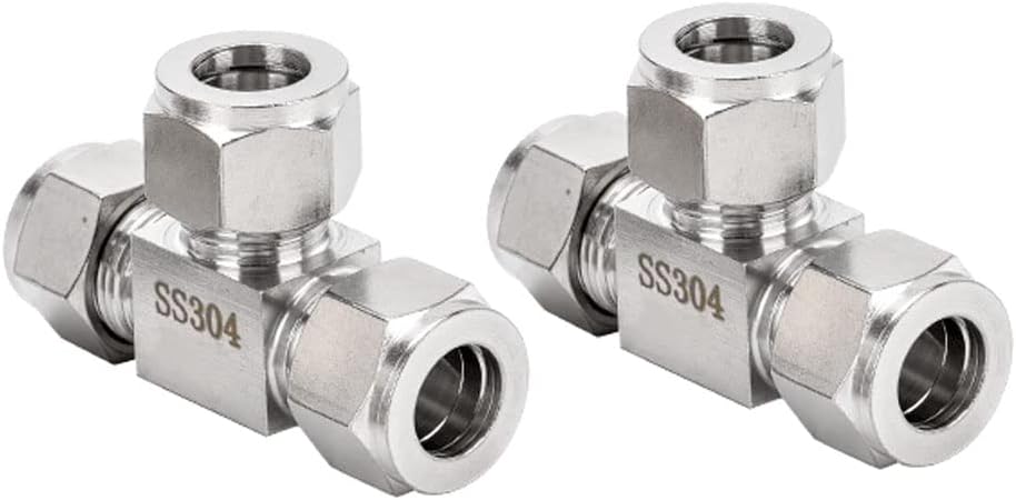 304 Stainless Steel Compression Tube Fitting Tee 3-way T-fitting with Double Ferrules 18mm OD x 18mm OD, Pack of 2