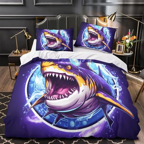 Housse de couette requin 3D grande taille contre lit découvert