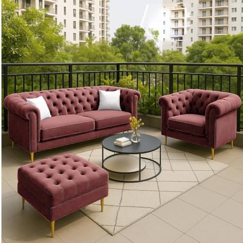 Image of Chesterfield Velvet Upholstery 3-Seater with Armchair and Footrest, Design in 3+1+Footrest Sofa for Living Room, Bedroom, Hallways (Ashrose 2)