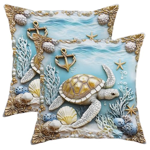 Fundas de almohada para exteriores, diseño de tortugas oceánicas, impermeables, para decoración costera de verano, para patio, jardín, tienda de campaña, sofá, banco y silla, 20 x 20 pulgadas