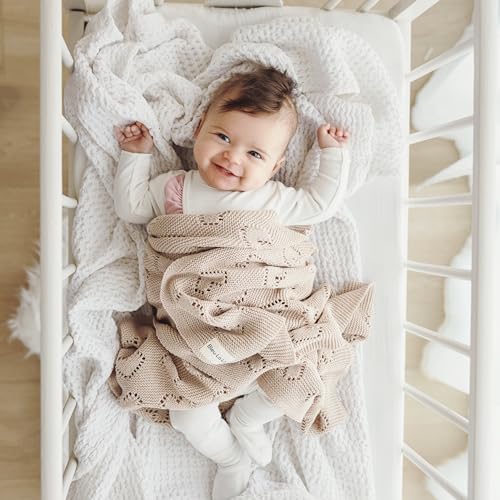 Image of Heirloom Knit Heart Receiving Unisex Blanket for Boys and Girls - 100% Luxury Cotton Baby Blanket - Soft Warm Swaddle Receiving Blanket for Newborns Infants & Toddlers (Oatmeal)