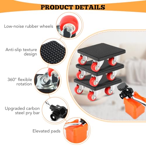 9-Teiliges Möbel Transportroller Set, Schwerlast Möbelheber mit 630mm Verlängerungsstange, 4 Möbelrollen, 4 Höhenversteller, 400kg Tragfähigkeit, 360° drehbarer Möbeltransport & Umzugshelfer