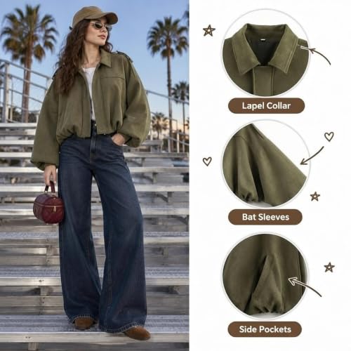 Women's Faux Suede Bomber Jacket Oversized Cropped Long Sleeve Fall Jackets - image 3