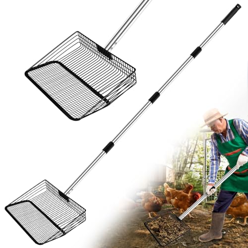 10inch Large Metal Chicken Poop Scooper & Chicken Coop Scoop, 3-Level Adjustable Chicken Coop Scooper for Sand with Stainless Steel Handle, 4-in-1 Multi-Function Heavy Duty Manure Screening Shovel