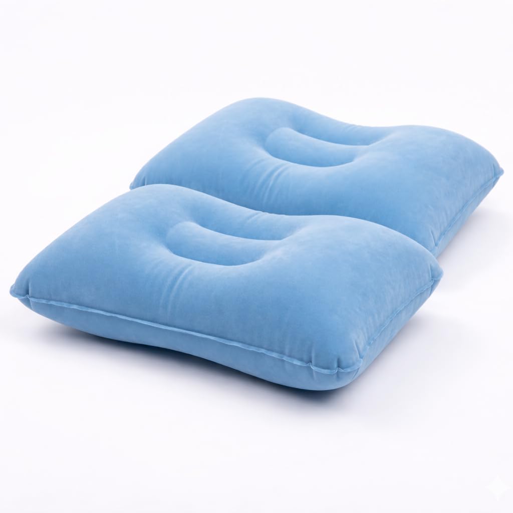 Inflatable Travel Pillow, Blue, Flocked PVC, Ergonomic Design, Portable Camping Cushion for Neck & Lumbar Support (Pack of 2)-image-45