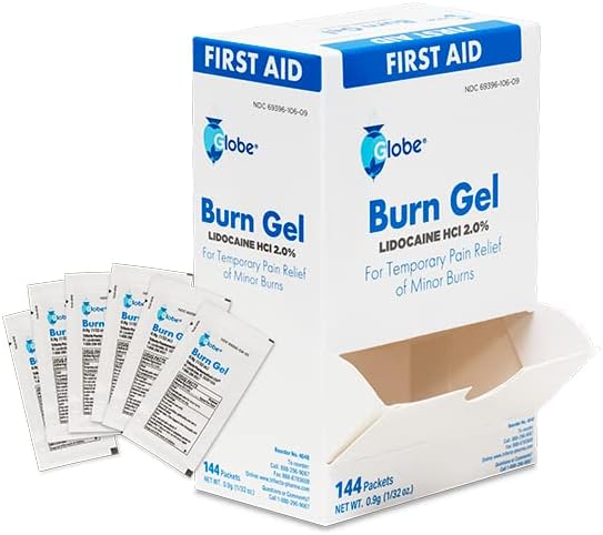 Globe First Aid Burn Gel with Aloe 0.9g Packets, (Box of 144) Advanced First Aid Gel for Temporary Relief of Minor Burns, Cuts, and Scrapes
