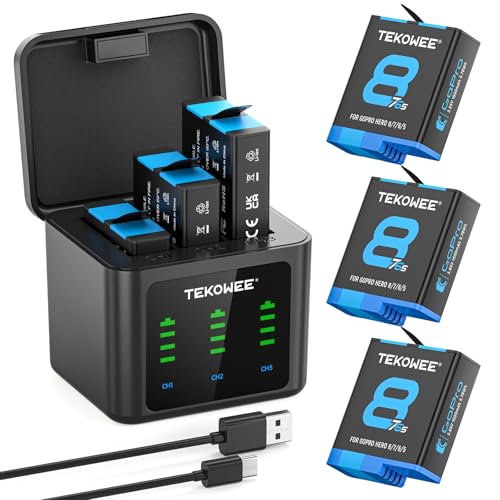 TEKOWEE 1500mAh Battery for GoPro Hero 8 Hero 7 Hero 6 Hero 5 Black and 3-Channel USB Charger Fully Compatible with GoPro Hero 8 Battery and Charger (3 Pack)