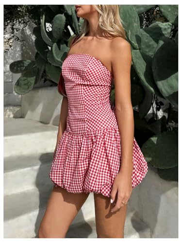 Milumia Women's Gingham Plaid Print Strapless Tube Dress Flared Mini Bubble Dresses4