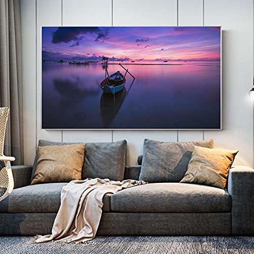 Toile lac coucher de soleil deco murale salon grand format 40x80cm