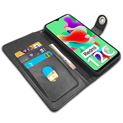 Image of Pikkme Redmi 12C / Poco C55 Flip Cover Leather Finish | Inside TPU with Card Pockets | Wallet Stand and Shock Proof | Complete Protection Button Flip Case (Black)