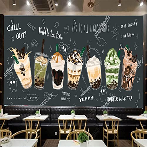 Modern Hand-Painted 3D Milk Tea Dessert Mural Wall Paper, Bubble Tea Shop Industrial Decor Blackboard Background Wallpaper Wall Murals, Suitable For Restaurants And Beverage Shops, 110"Wx78.7"H #TOP1