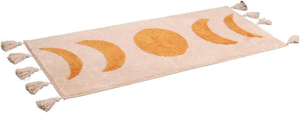 LABEND HOME Moon Phase Boho Bathroom Runner - Soft Washable Bath Mat with Tassels - Non-Slip Microfiber - Orange Beige - 20x58 in (20x50” Without Tassels)