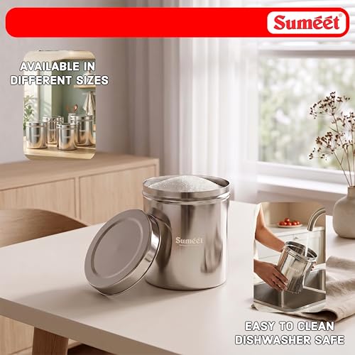 Image of Sumeet Stainless Steel Big Dabba /Canisters /Vertical Storage Container for Kitchen, 17cm Dia - 3500ml - (3.5Kg to 4Kg Approx)