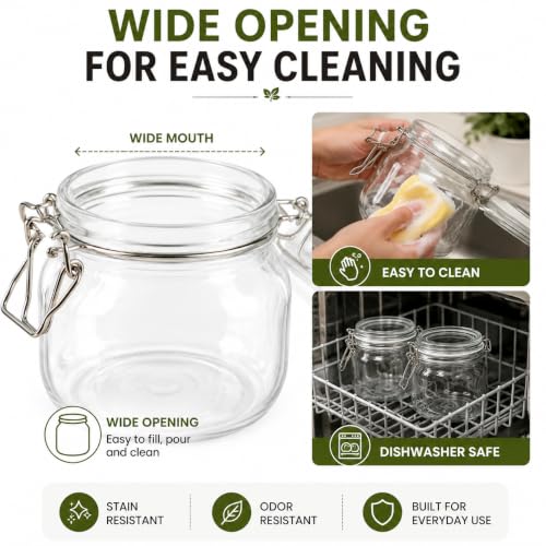 Image of Vasukie 750ML Glass Jars With Airtight Leak Proof Lids | Wide Mouth Storage Canister Jars Perfect for Kitchen Canning, Dry Food, Spices, Pickle, Coffee, Tea, Snacks, Sugar, and More (Pack of 2)
