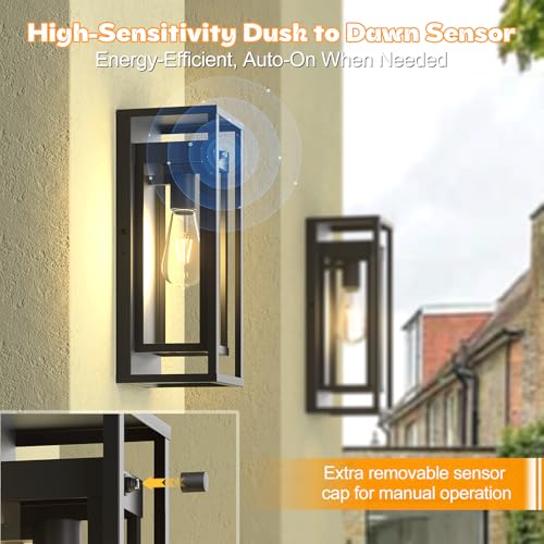 Image of Dusk to Dawn Outdoor Wall Sconce Black Modern Exterior Lighting Fixture | 15 Inch, Waterproof, Large Porch Light, Outside Lantern Wall Mounted, Outdoor Lamps for Coach, Doorway and Patio, E26 Base