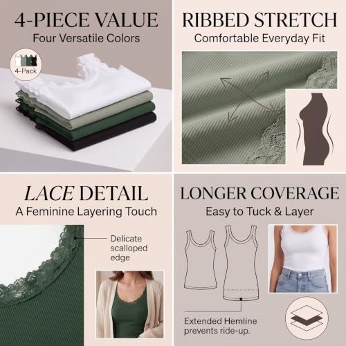 Image of Lasnten 4 Pcs Women's Lace Cami | Ribbed Cami Top Lacework Undershirt Patchwork Tank Lace Trim Cami Lightweight Long Under Tank Tops for Women