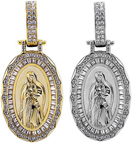 HarlemBling Solid 925 Sterling Silver - Natural Silver Or 14k Gold Finish - Mens Or Ladies Virgin Mary Pendant - Fully Iced Baguette Medallion Great For Any Necklace (Natural Silver)