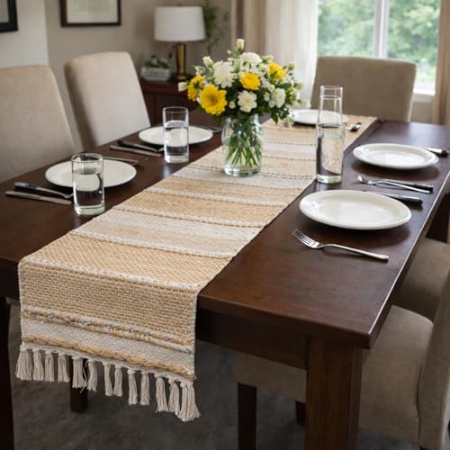 Image of Luxe Home Elegant Beige and White Woven Table Runner with Tassels - Cotton 13.5 x 77 Inch, Rustica - Perfect for Dining Table, Center Table, Decor Pack of 1