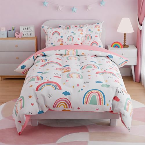 Image of SANDJEST Rainbow Full Bedding Set for Girls, Ultra Soft Microfiber Comforter Set Full Size with 4-Pieces for Kids Teen, Bed Set Comforters for Bedroom Decor