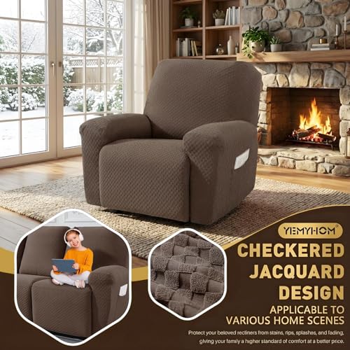 Image of YEMYHOM 4 Pieces Stretch Recliner Slipcover Jacquard Recliner Chair Cover with Side Pocket Anti-Slip Fitted Recliner Cover Couch Furniture Protector with Elastic Bottom (Recliner, Light Coffee)