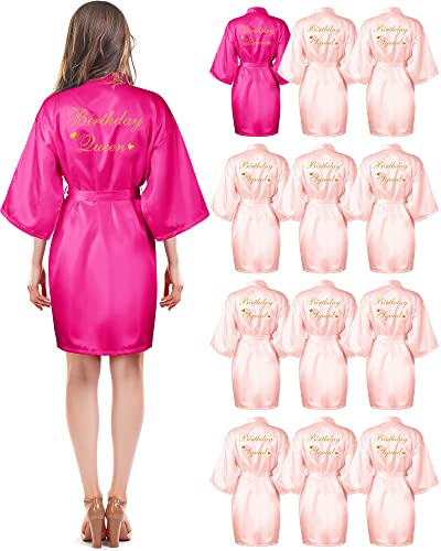 Hicarer 12 Pcs Women's Birthday Party Robes Gold Glitter Queen Squad Kimono Silky Nightgown Satin Bathrobes Dressing Gown