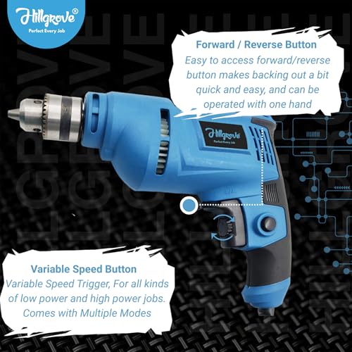 Image of Hillgrove HGCM1091M3 500W Power Drill Machine with 6Pcs Wood Working Hole Saw Drill Bits for Making Holes in Metal /Wood /Concrete with Reverse Rotation and Variable Speed Pistol Drill (10mm Chuck Size)