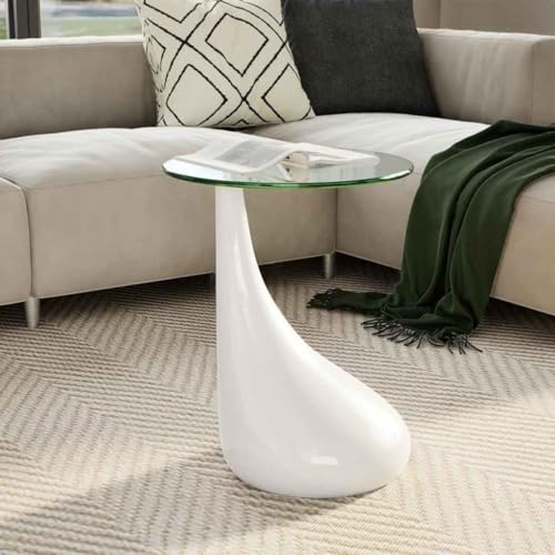 Table basse avec plateau rond en verre blanc brillant, 42 cm de diamètre, structure en fibre de verre, table d'appoint moderne pour salon, plateau en verre de...