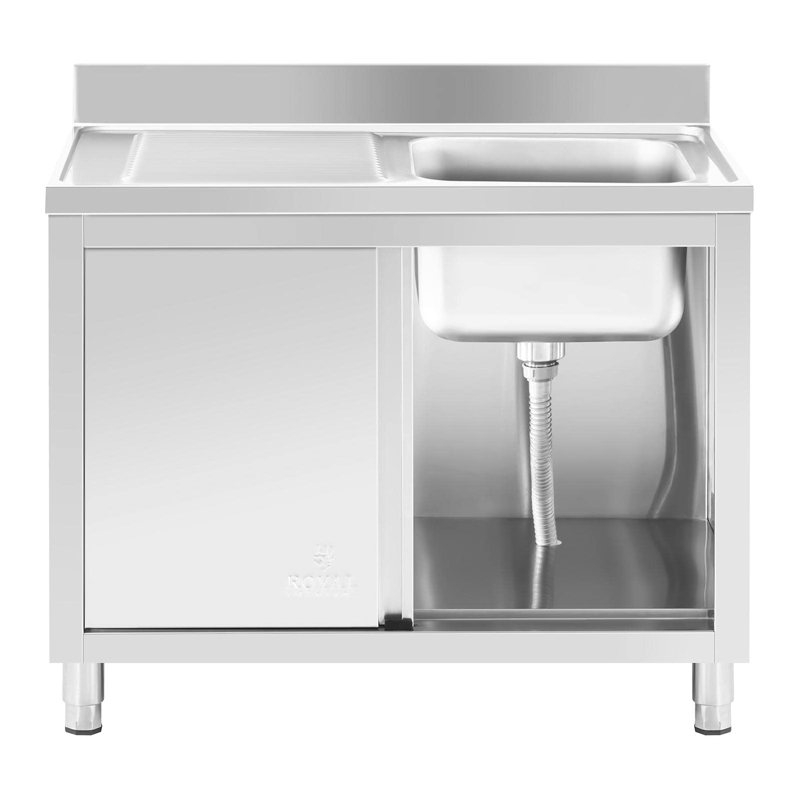 Royal Catering RC-IKS09 Plonge En Inox Professionnelle Sur Meuble Bas Armoire Placard Avec Évier Acier Inoxydable (1 bac : 400 x 400 x 240 mm, Hauteur du dosseret : 100 mm, Pieds Réglables)