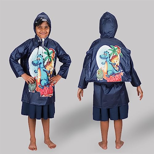 Image of THE CLOWNFISH Toon Caper Series Kid's Waterproof PvcLong Length Coat With Adjustable Hood & Extra Space For Backpack /Schoolbag Holding. Printed Plastic Pouch.