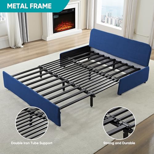 Image of BALUS 43 inch W Queen Size Sleeper Couch Bed Pull Out Sofa with Pullout Beds, 2 in 1 Convertible Linen Single Sleepers Sofas Chair with Foldable Mattress and Pillows for Small Space Apartment, Blue