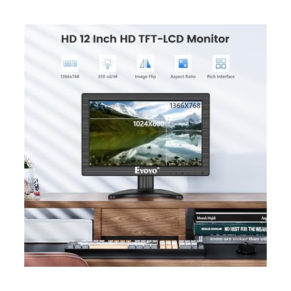Eyoyo 12 Inch Monitor 16:9 Mini HDMI Monitor Screen 1366x768 Small TV Monitor Display with HDMI VGA BNC AV USB Input for Computer PC RasPi Laptop CCTV Security Analog Camera - Image 3