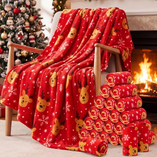 Shimeyao 24 Pack Fleece Throw Blankets Bulk 50x60 in,Red,Reindeer