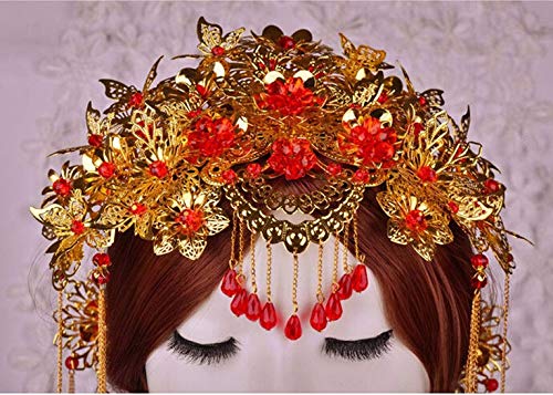 Copricapo Tradizionale Cinese Da Sposa, Corona Dorata Con Catene E Fiori Di Cristallo - Accessorio Per Matrimonio