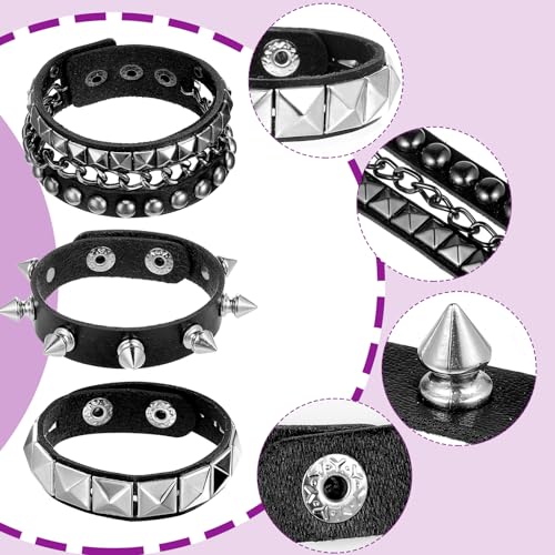 3 Pcs Punk Bracelets, Leather Studded Bracelet Cuff Adjustable Goth Bracelets Spike Bracelet Emo Bracelets for Men Women 80s Wristband Goth Jewelry Halloween Emo Accessories (Style B)3