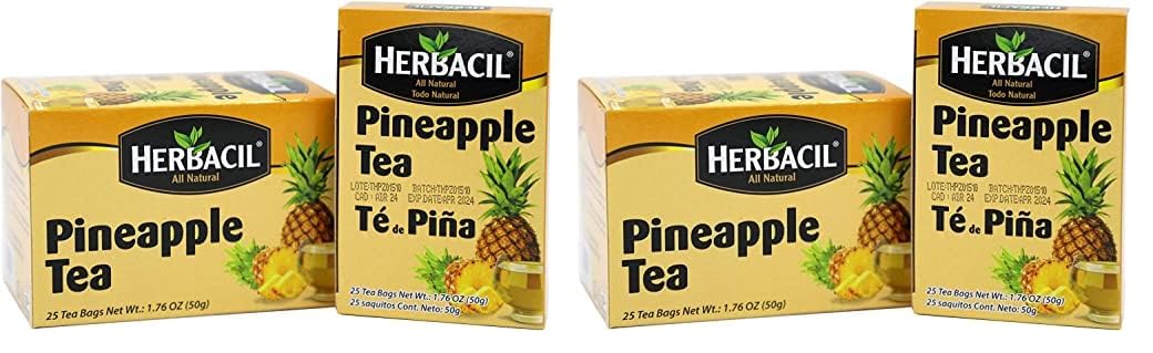 Herbacil Pineapple Tea, Herbal Tea with Dehydrated Pineapple Fruit, Caffeine - Free, 4-Pack of 25 bags per box (50 Tea Bags)