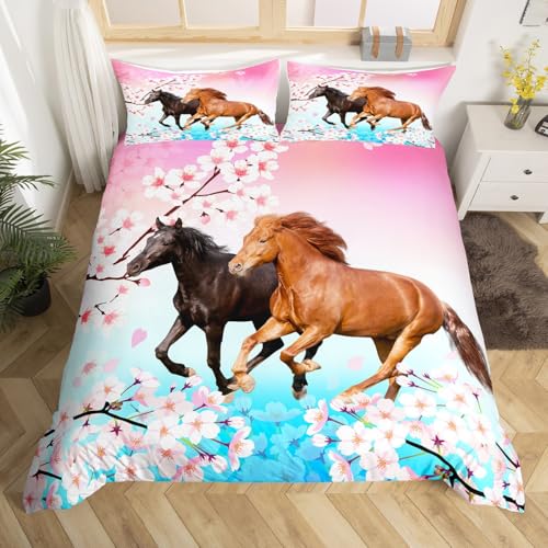 Loussiesd Juego de ropa de cama infantil con diseño de caballo y flores de cerezo, para niñas y adolescentes, estampado de caballo galopante, funda de edredón con estampado de animales salvajes en 3D