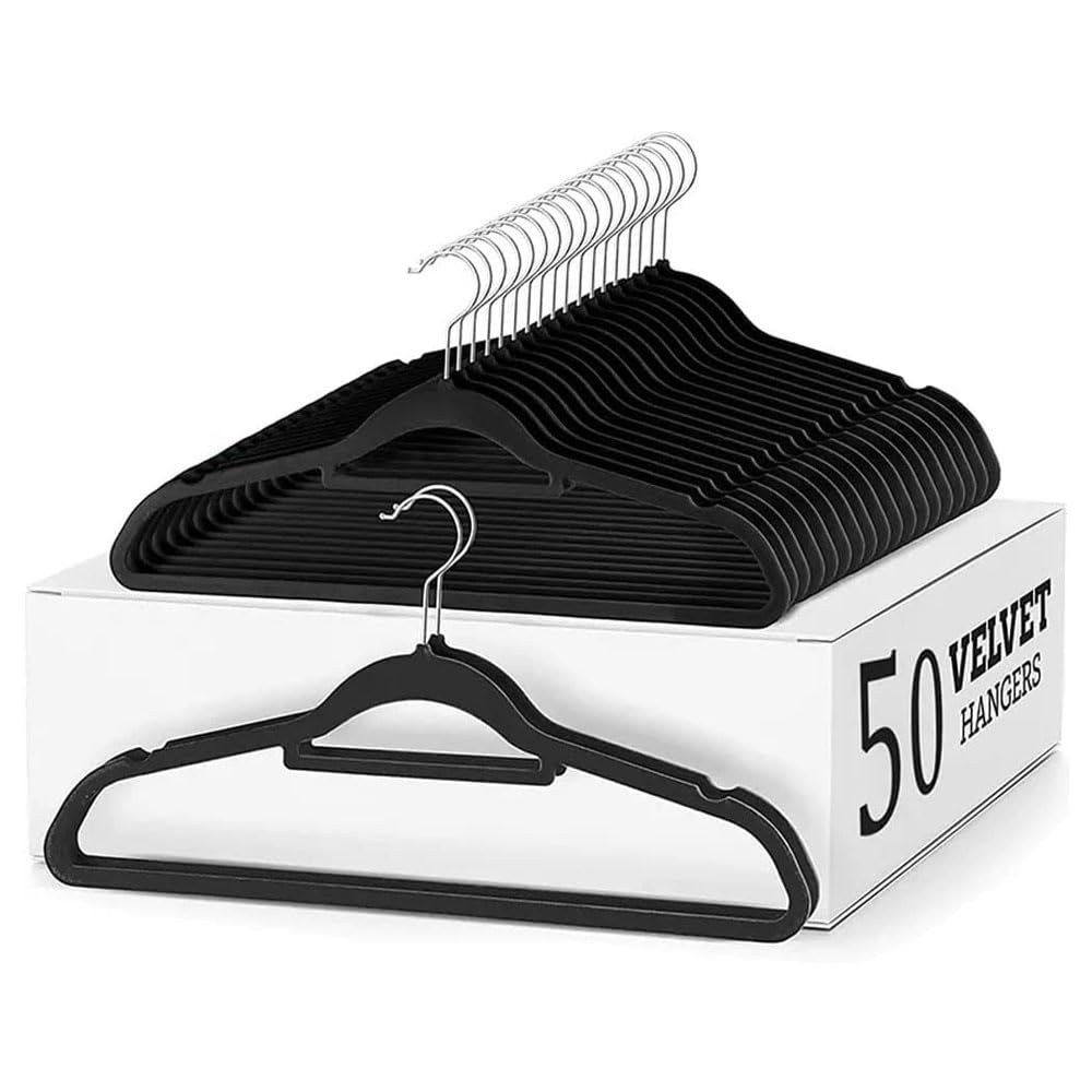 D'Home Non-Slip Velvet Suit Hangers - Ultra Thin Space Saving 360 Degree Swivel Hook Strong and Durable Clothes Hangers Hold Up-to 10 Lbs, for Coats, Jackets, Pants, Dress Clothes (50, BLACK)