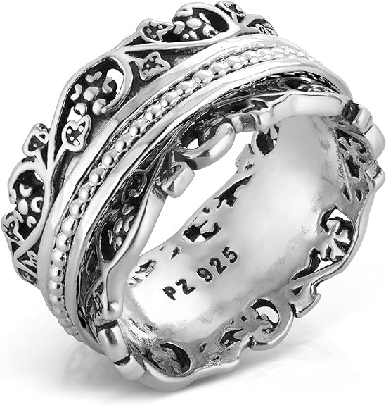 Paz Creations 925 Sterling Silver Spinner Ring for Woman, Anxiety Fidget Rings Hand Crafted, Vintage Style, with 1 Year Warranty, Sterling Silver, Size 9