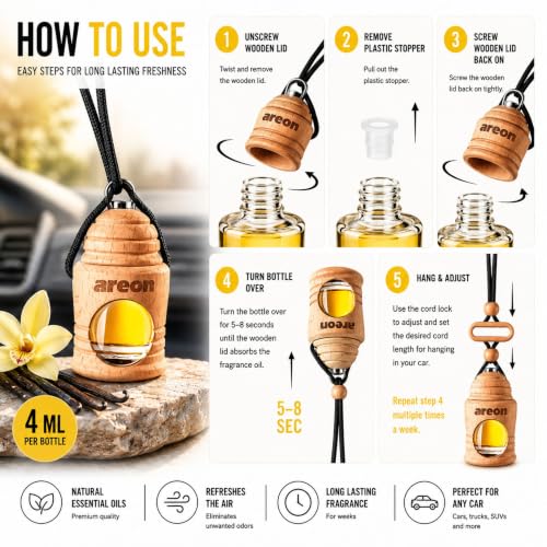 Image of AREON Fresco Premium Hanging Car Air Freshener, Vanilla Black, Pack of 1 | Premium Wooden Hanging Car Air Freshener with an Elegant, Compact Design. Suitable for Use in Cars, SUVs, Vans, and Trucks.