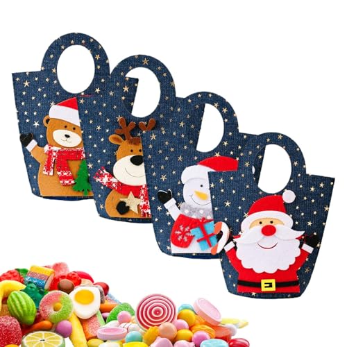 おやつバッグ - 4ピース 雪だるまギフトバッグ ホリデイおやつ用 クリスマス収納 装飾ハンドル付き スナックバッグ ホームパーティー フェスティバルのお祝い用 コットン生地 8.25x3.98x2.37インチ