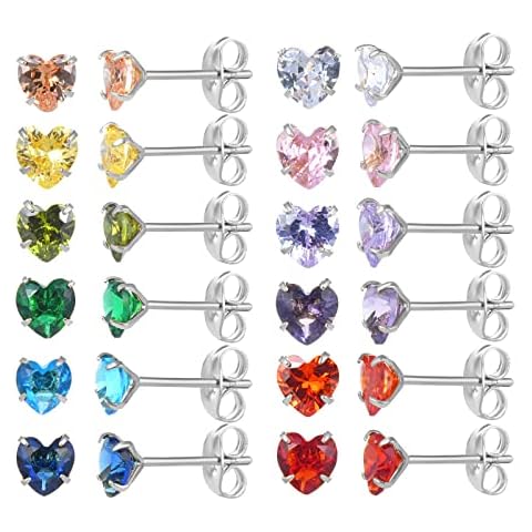 12 Pairs 18K Gold Plated Surgical Stainless Steel Stud Earrings, Star Heart Stud Earring for Women, Cubic Zirconia Birthstone Stud Earrings Set (Silver heart 4mm) Cover