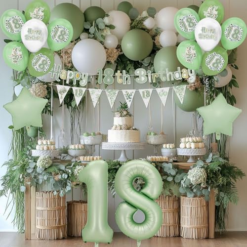 Eucalyptus 18th Birthday Decorations for Girls Boys, Time to Adult Happy Birthday Banner Cake Topper Olive Green Foil Number 18 Balloons Kit for 18 Year Old Birthday Party Supplies - image 5