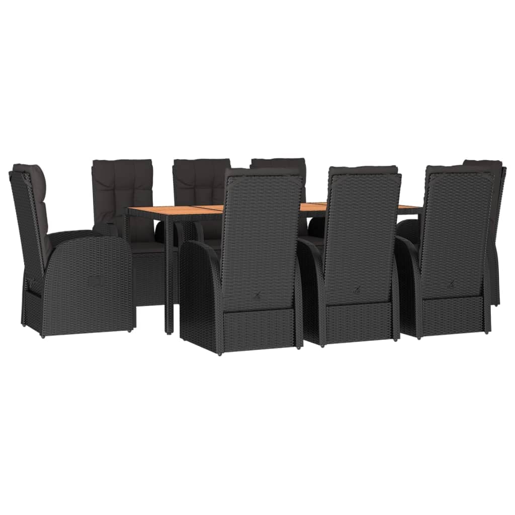 Juego de 9 muebles de jardín con cojín negro, ratán sintético resistente a la intemperie, modular para exteriores con función reclinable y cojines gruesos acolchados