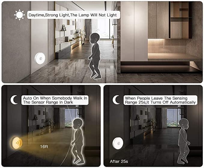 Image of White Motion Sensor Night Light for Home with USB Charging Battery Rechargeable Wireless Magnetic Self Adhesive LED Lamp for Wardrobe, Cabinet, Cupboard, Kitchen, Bedroom, Stairs Pack of 2