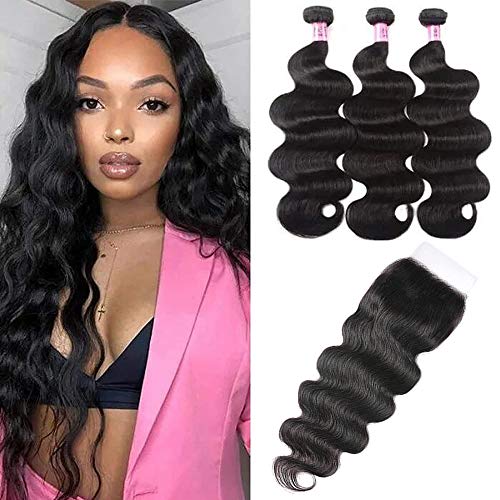 Image of UNICE Body Wave Human Hair Bundles with Closure 18 20 22+16 inch Brazilian Virgin Hair Weave 3 Bundles Human Hair with 5x5 hd Lace Closure Free Part Bleached Knots Natural Black