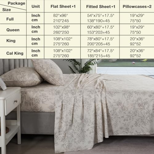 Image of Vintage Beige Floral Percale Sheets King Size, Deep Pocket, 4Pcs | 100% Cotton Neutral Flower Sheet Set, French Country Bordered Bed Sheets, Shabby Chic Toile Bedding, Cottage Core, Leaf Print