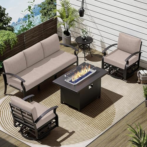 Image of Patio Furniture Set 5-Piece Aluminum Armrest Sofa, Modern Outdoor Living Room Set with 55000 BTU Propane Aluminum Fireplace, Outdoor Rotary Joystick with Thick Cushion