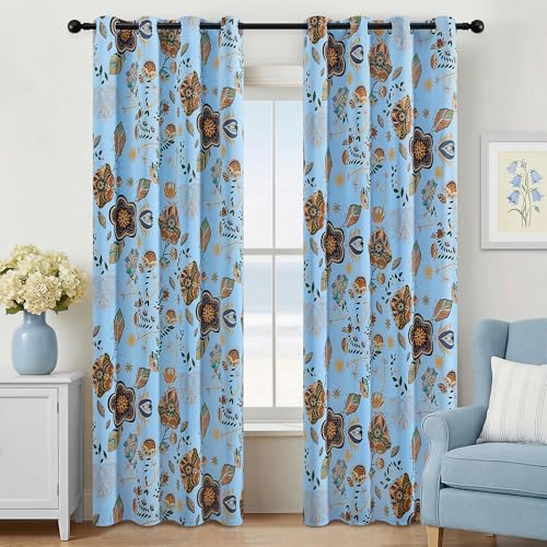 Image of XiDi Light Blue Patterned Curtains 100% Blackout Vintage Floral Curtains