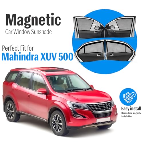 Image of Autofact Magnetic Car Sunshades Compatible with Mahindra XUV 500 (Set of 4) - Easy Installation, UV Protection, Keeps Car Cool (Front 2 Half-Cut for Side Mirror Visibility, Rear 2 with Zippers)